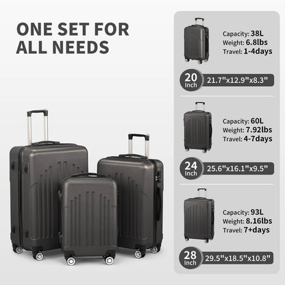 Luggage Set of 3,ABS+PC Hardside Suitcase Sets with TSA Lock 4 Spinner Wheels,Lightweight Trolley Travel Case for Carry On Check