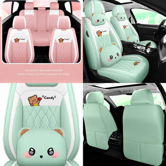 Cartoon Bear car seat Cover 5 Set for Girl Women with PU Leather for Cars SUV Pick-up Truck Universal Fit Set (Green)