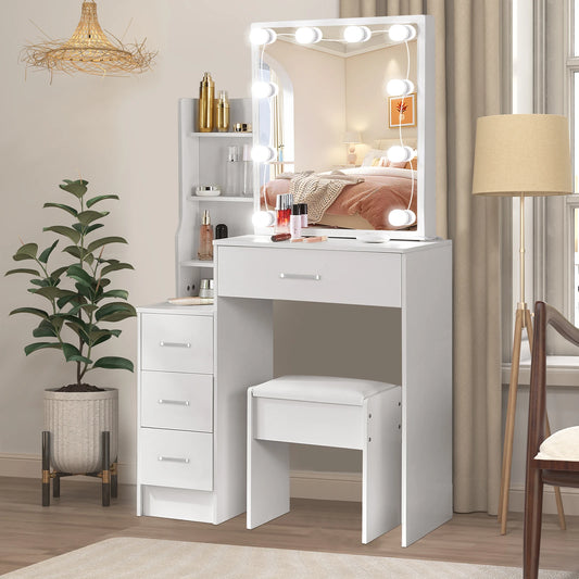 White Makeup Dressing Table W/ Lights Sliding Mirror 4 Drawers Vanity Desk Stool
