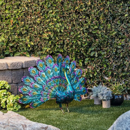 23 Tall Outdoor Metallic Peacock Tail Spread Yard Statue, Vibrant Garden Sculpture for Patio, Lawn, or Entryway, Multicolor