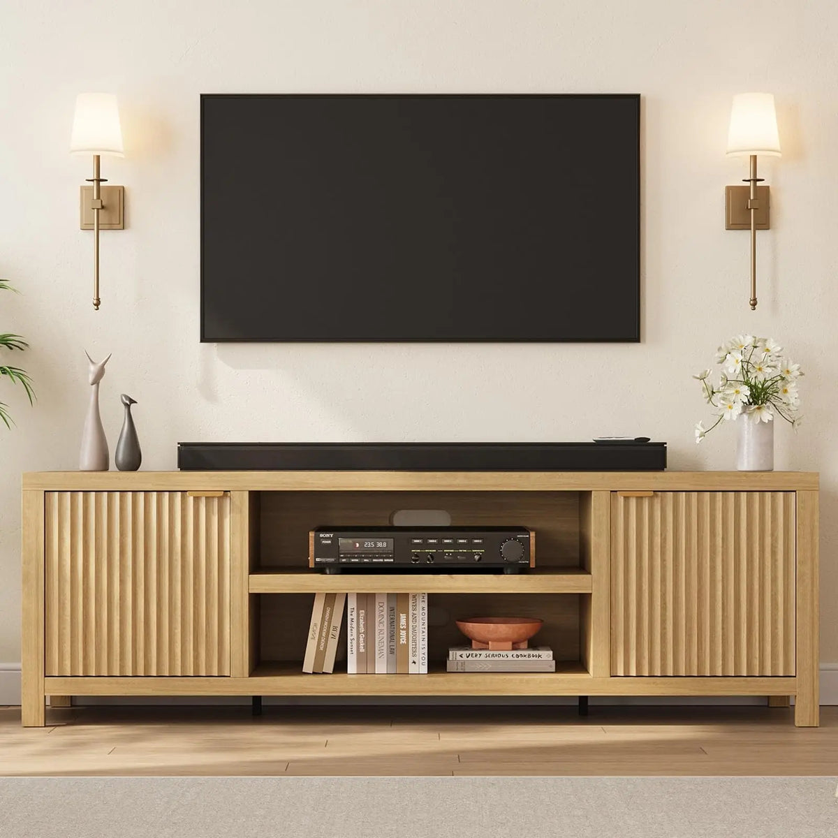 Fluted TV Stand for 75+ Inch TV, Modern Entertainment Center with 2-Tier Storage & Adjustable Shelves, Media Console Cabinet with 2 Fluted Doors & Gold Handles for Living Room Bedroom