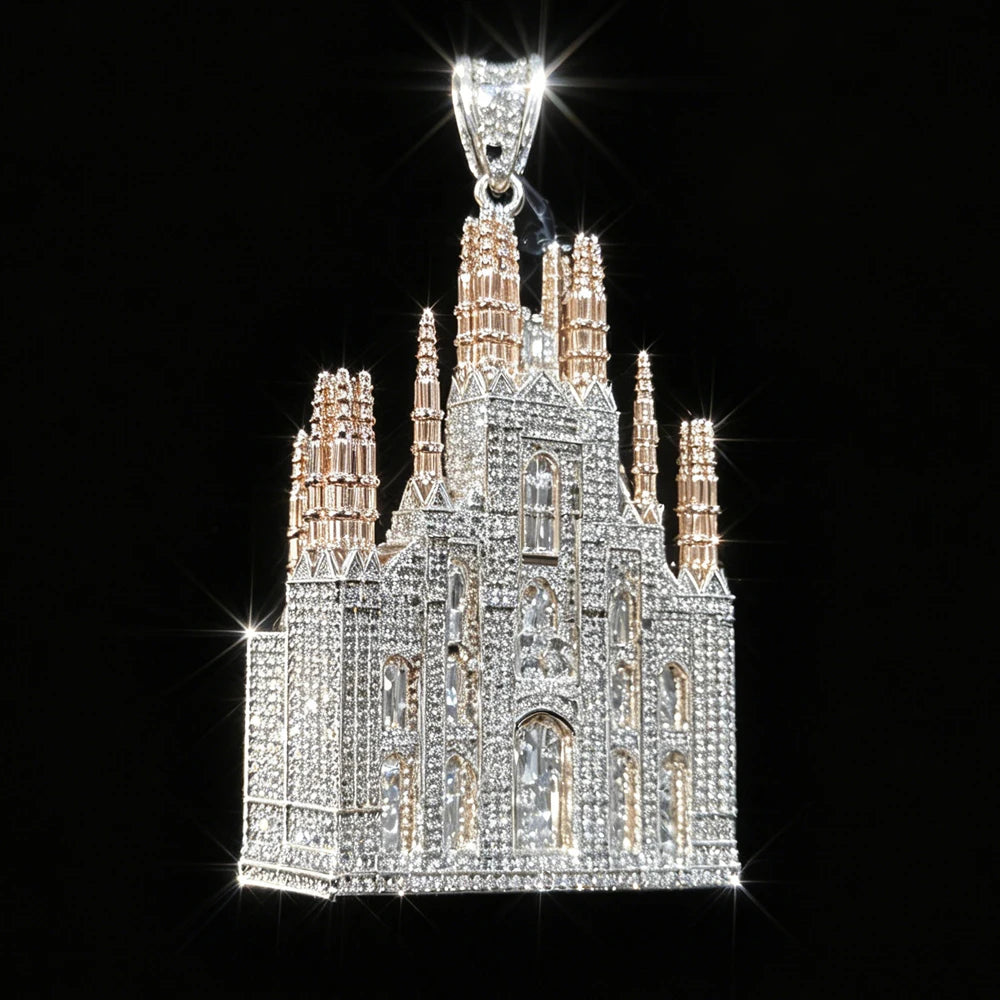 CZ 18K Gold Plated Religious Jesus Statue Castle Pendant For Men Rapper Party Jewelry Accessory Gift Street Culture Club Party Statement Ornament  Full Micro Pave Shiny Big 3D Iced Out Cathedral Pendant Hip Hop Church Design