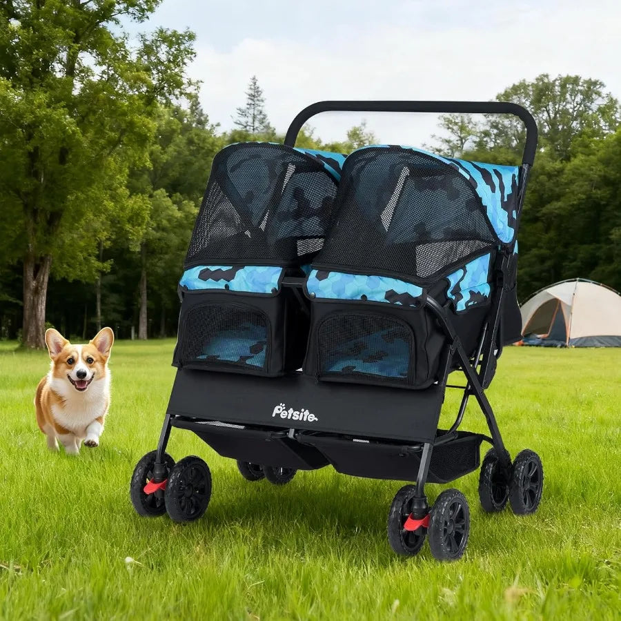 Double Pet Stroller Foldable Double Dog Stroller with 2-Seater Carrier Adjustable Sunshade Removable Pad Safety Belt Storage Ba