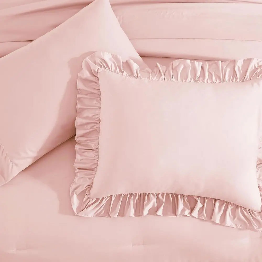 Comforter Set Soft Pink, Shabby Chic Bedding 7-Piece, All Season Bed in a Bag with Sheets, Pillowcases & Shams