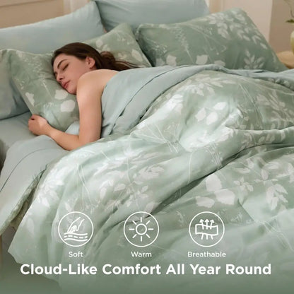 Queen Comforter Set 7 Pieces Floral Sage Green GentleSoft Bedding Sets, Queen Bed in a Bag with Botanical Flowers Winter Comfort