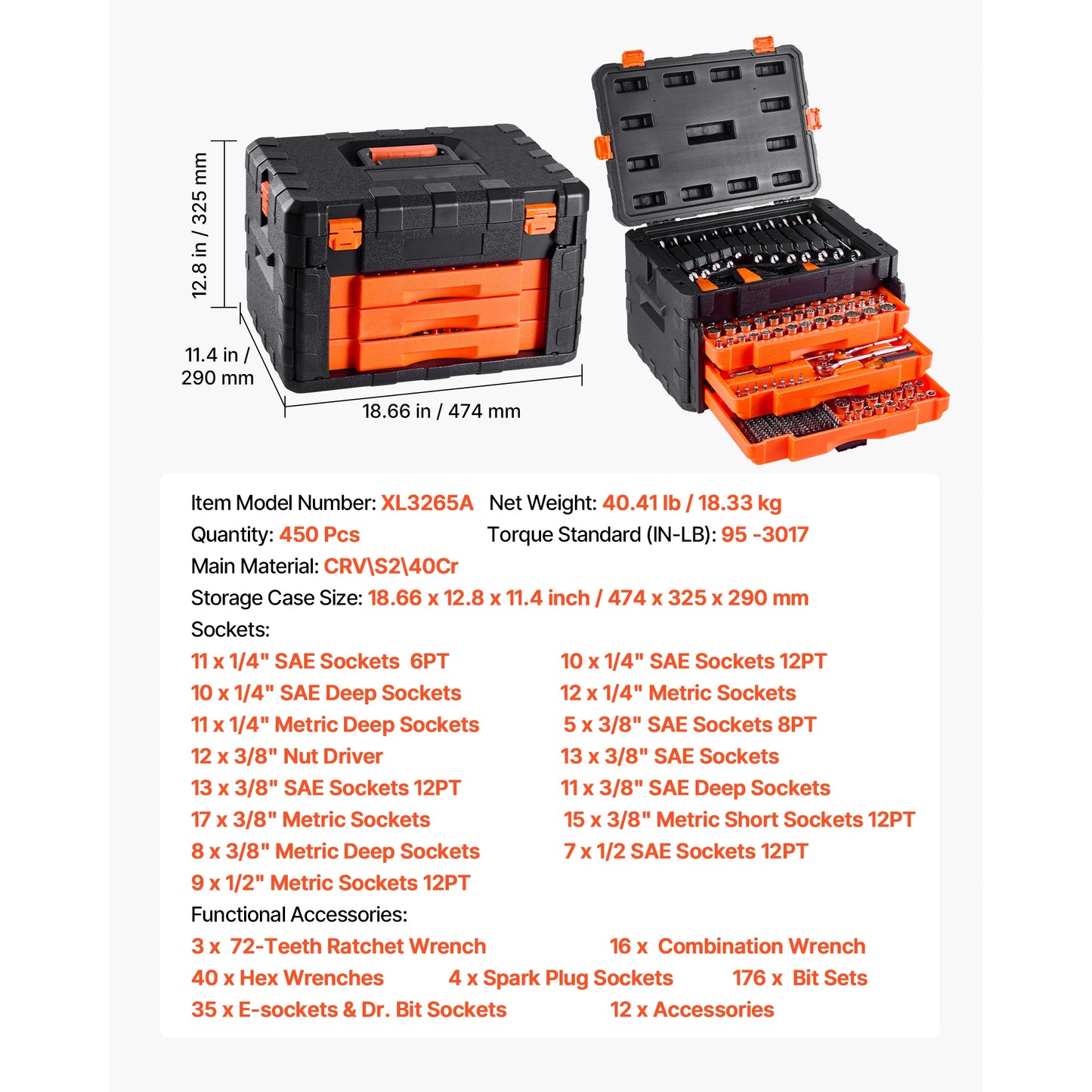 SucceBuy Mechanics Tool Set Socket Set 450 Pcs Deep and Standard Sockets SAE Metric Mechanic Tool Kit Accessories Storage Case
