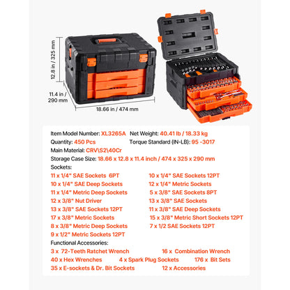 SucceBuy Mechanics Tool Set Socket Set 450 Pcs Deep and Standard Sockets SAE Metric Mechanic Tool Kit Accessories Storage Case