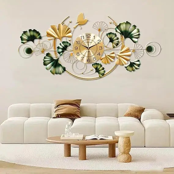 Large Wall Clock for Living Room, 3D 47 Inch Metal Ginkgo Leaf Wall Decor, Boho Silent Non-Ticking Hanging Wall Clocks, Decorati