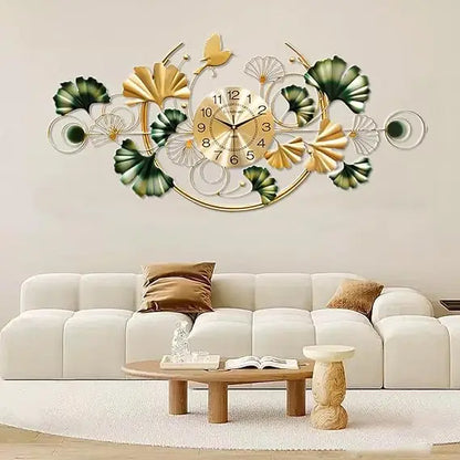 Large Wall Clock for Living Room, 3D 47 Inch Metal Ginkgo Leaf Wall Decor, Boho Silent Non-Ticking Hanging Wall Clocks, Decorati