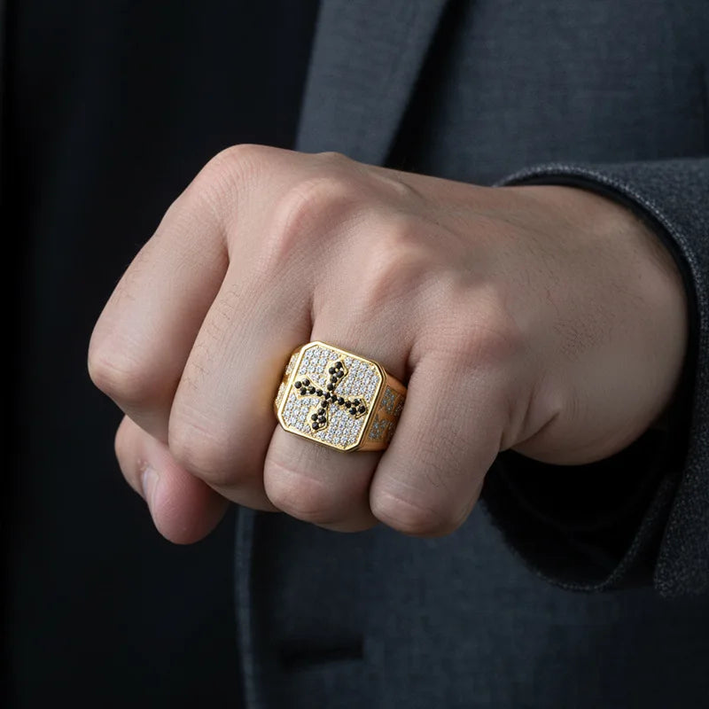 Men's S925 Silver Ring with 2CT D-Color Moissanite & Black Zircon Cross Design 18K Gold Plated Luxury Party Jewelry