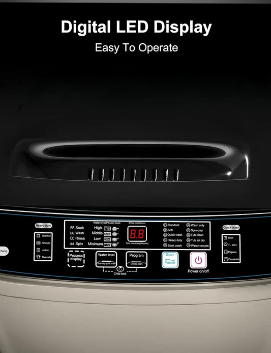 Save Energy Full Automatic Glod Washing Machine with LED Display 17.7 lbs Portable Washer Drain Pump 10 Programs&8 Water Levels