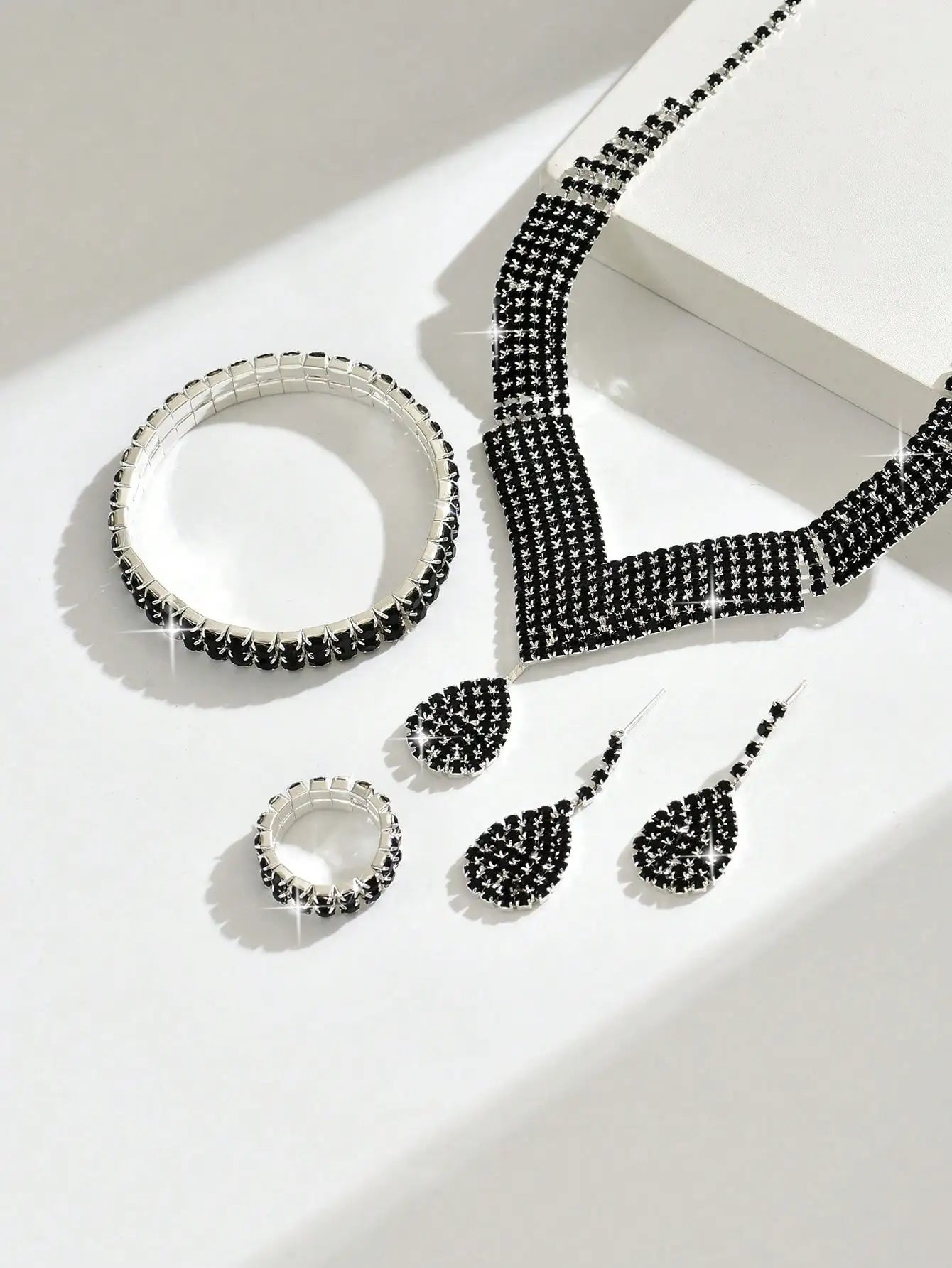 5-Piece Black Crystal Jewelry Set for Women - Necklace, Earrings, Bracelet, Ring - Bridal & Valentine's Day Gift