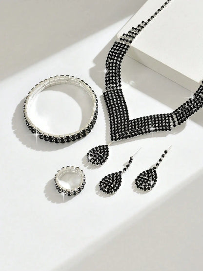 5-Piece Black Crystal Jewelry Set for Women - Necklace, Earrings, Bracelet, Ring - Bridal & Valentine's Day Gift