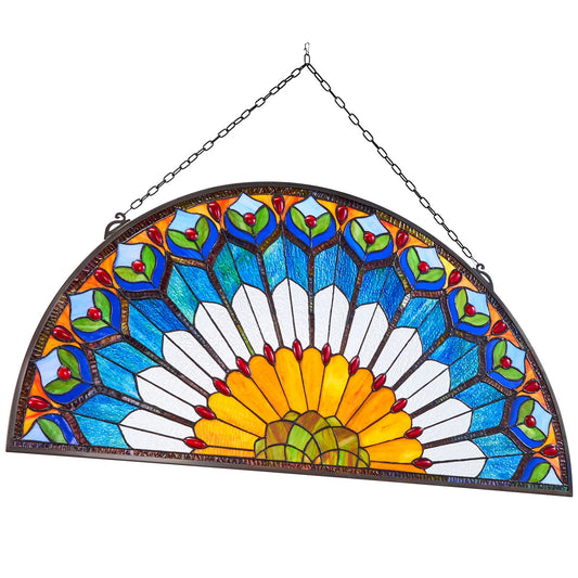 SucceBuy Stained Glass Window Panel 36 x 18 inch Tiffany Style Hanging Transom Window Panel with Chain for Kitchen Home Decor