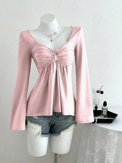 Women's Twist Front V-Neck Long Sleeve Top with Bell Sleeves, Casual Elegant Spring Autumn Blouse
