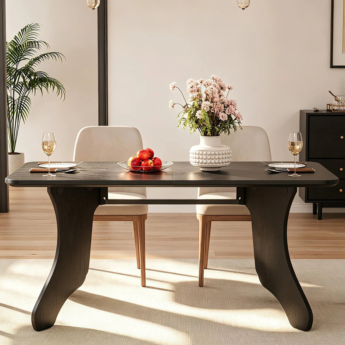 63 Inch Rectangular Dining Table For 4-6, Modern Farmhouse Kitchen Dinner Table With Antler Style Legs And Rounded Edges For Home Office