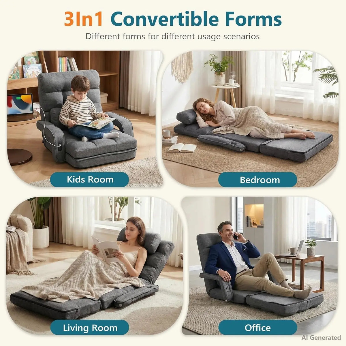 2 USB Charging Ports Floor Chair with Adjustable Backrest 90°–180° 5-Position Recline Gaming Sofa Chair