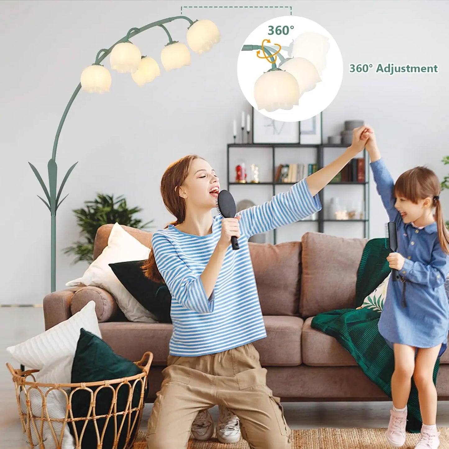 Arc Floor Lamp with 5 G9 LED, Green Floral Standing Lamp, Acrylic Shade, Foot Switch, for Living Room Bedroom Corner
