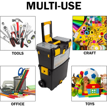 Foldable Rolling Tool Box with Wheels, Removable Top, and Multiple Compartments for Easy Tool Storage