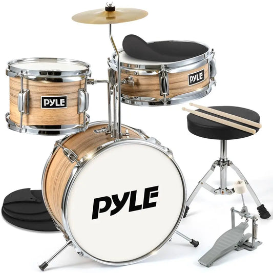 Kids Drum Set, 3-Piece, 13" Bass Drum, Snare, Tom, Cymbal, Throne, Drumsticks - Natural