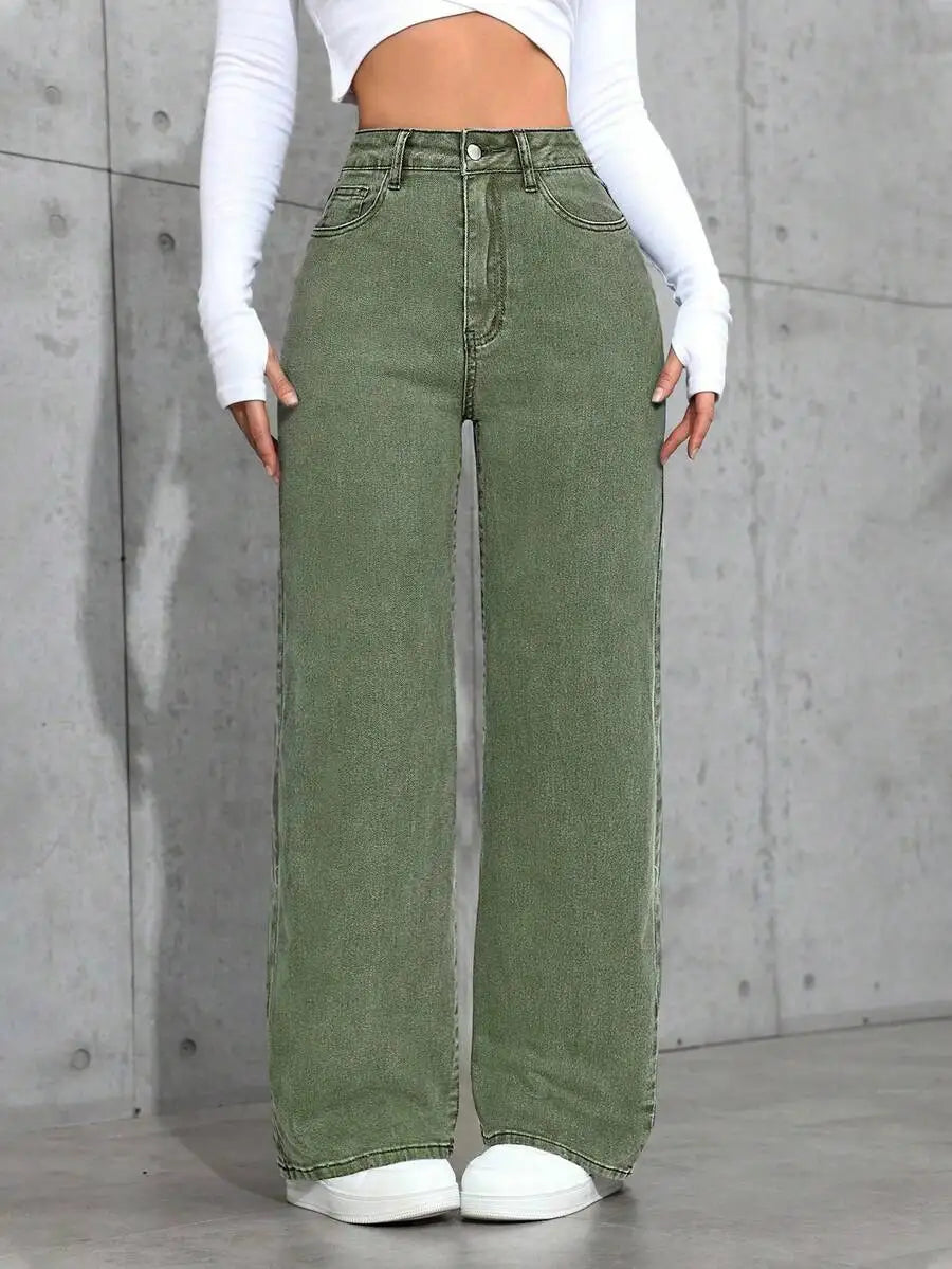 High Waist Wide Leg Washed Denim Jeans for Women - Casual Streetwear Style