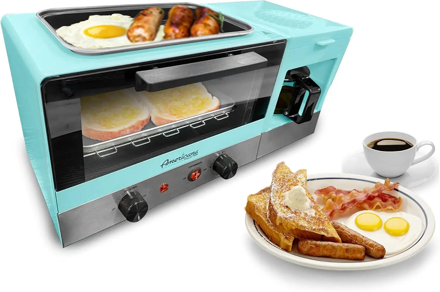 Americana 2-Slice Griddle with Glass Lid, 3-in-1 Breakfast Station, 4-Cup Coffeemaker, Toaster Oven, Blue