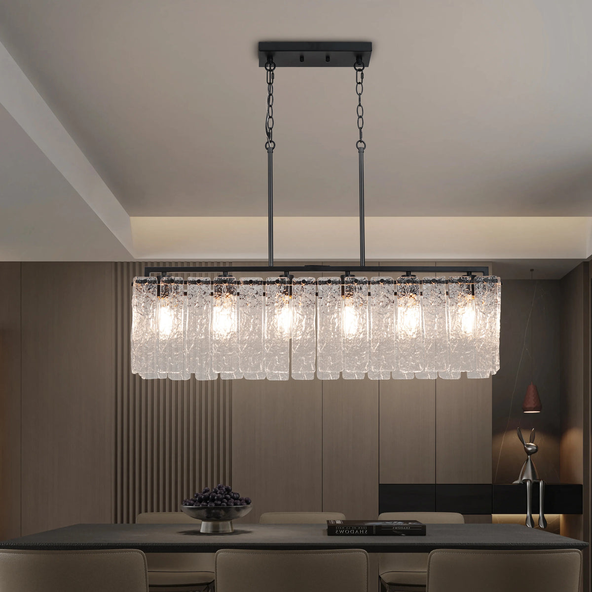 Rectangle Chandeliers for Dining Room 37" Water Ripple Glass Island Light Fixture Kitchen Island Lighting Adjust Height