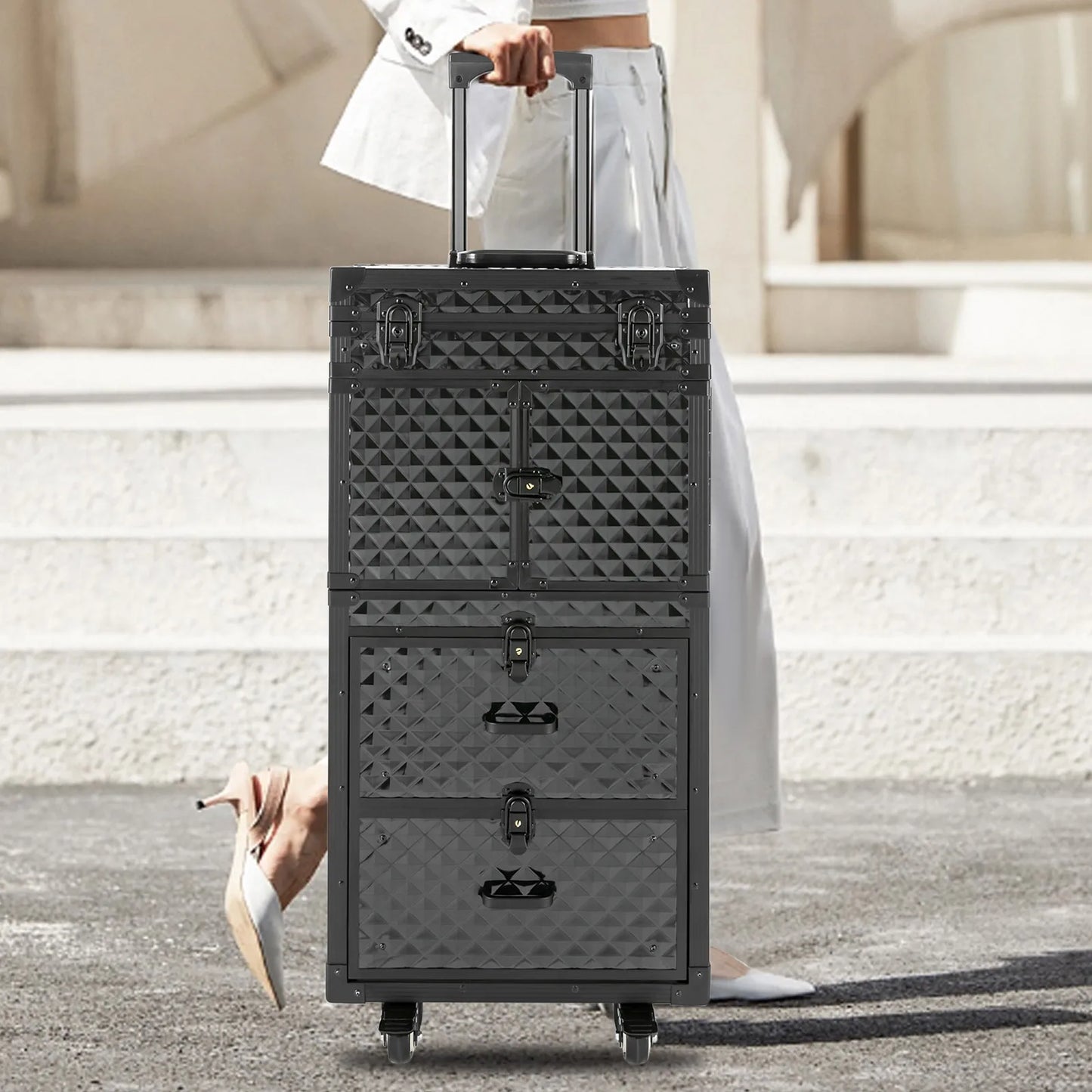 Cosmetology Case on Wheels Rolling Makeup Train Case Nail Travel Case for Nail Tech Professional Rolling Makeup Case with Drawer