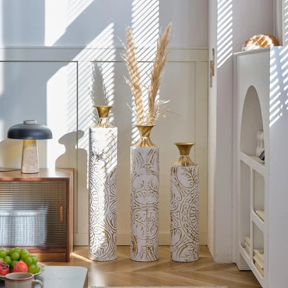 Set of 3 White & Gold Metal Vases - Stylish Floor Decoration, 24in/28.7in/33.5in Tall for Elegant Home Décor