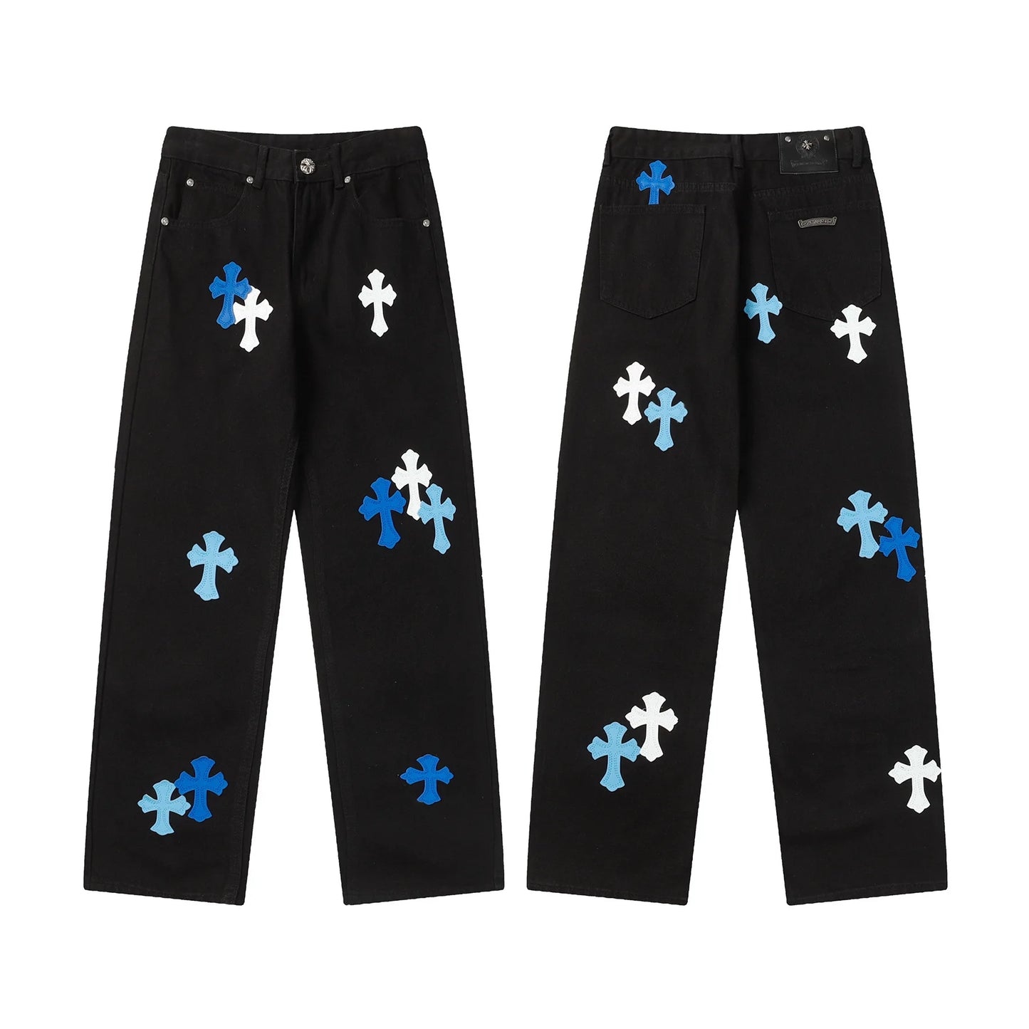 Classic Luxury Brand Men Women Leather Jeans Totem Patch Casual Pants Fashion Metal Embellished Couple Wear 2025