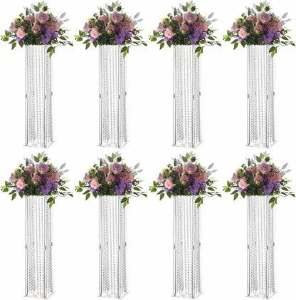 8PCS Acrylic Flower Stand with Crystals Beads for Wedding 31.5 inch Geometric Vase for Tables Column Floral Vase Display Holder