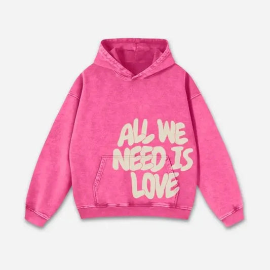 "All We Need Is Love" Print Pink Washed Hooded Sweatshirt Slim Fit Long Sleeve Vintage Style Sweatshirt