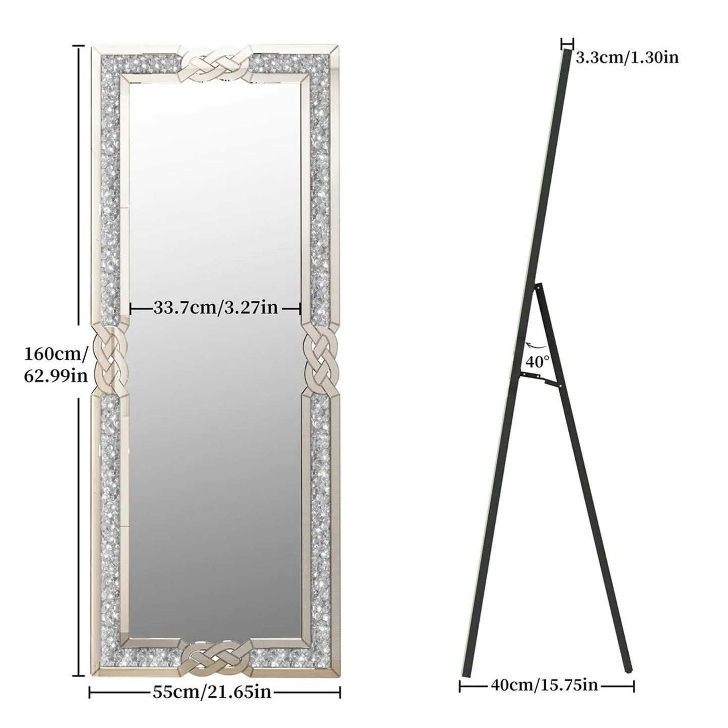 Artloge XL Wall Mirror Full Length Floor Mirror Dressing Mirror with Silver Crushed Diamond Decor Standing/Wall Hanging 160x55CM