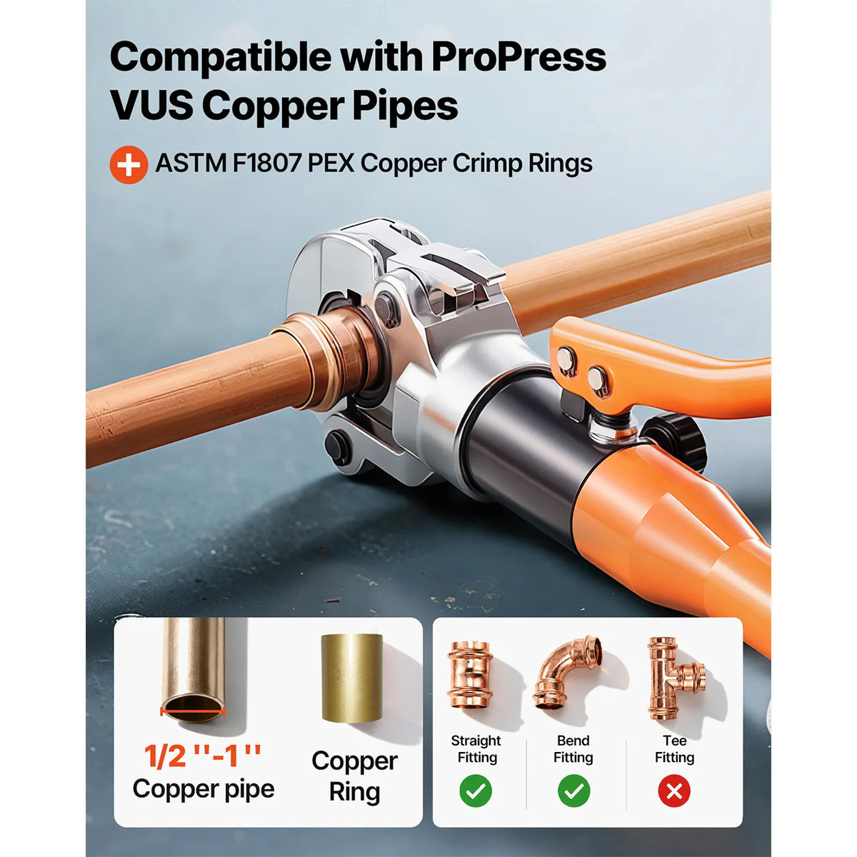 SucceBuy Copper Pipe Crimping Tool Driven Pro Press Tool with 1/2" 3/4" 1" Jaws for Copper Tube & 3/8" 1/2", 5/8" 3/4" 1" Jaws