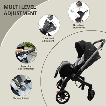 Go-Anywhere Baby Stroller, Features an Adjustable Backrest, Easy Fold, and Newborn-Friendly Design for City or Camping Use.