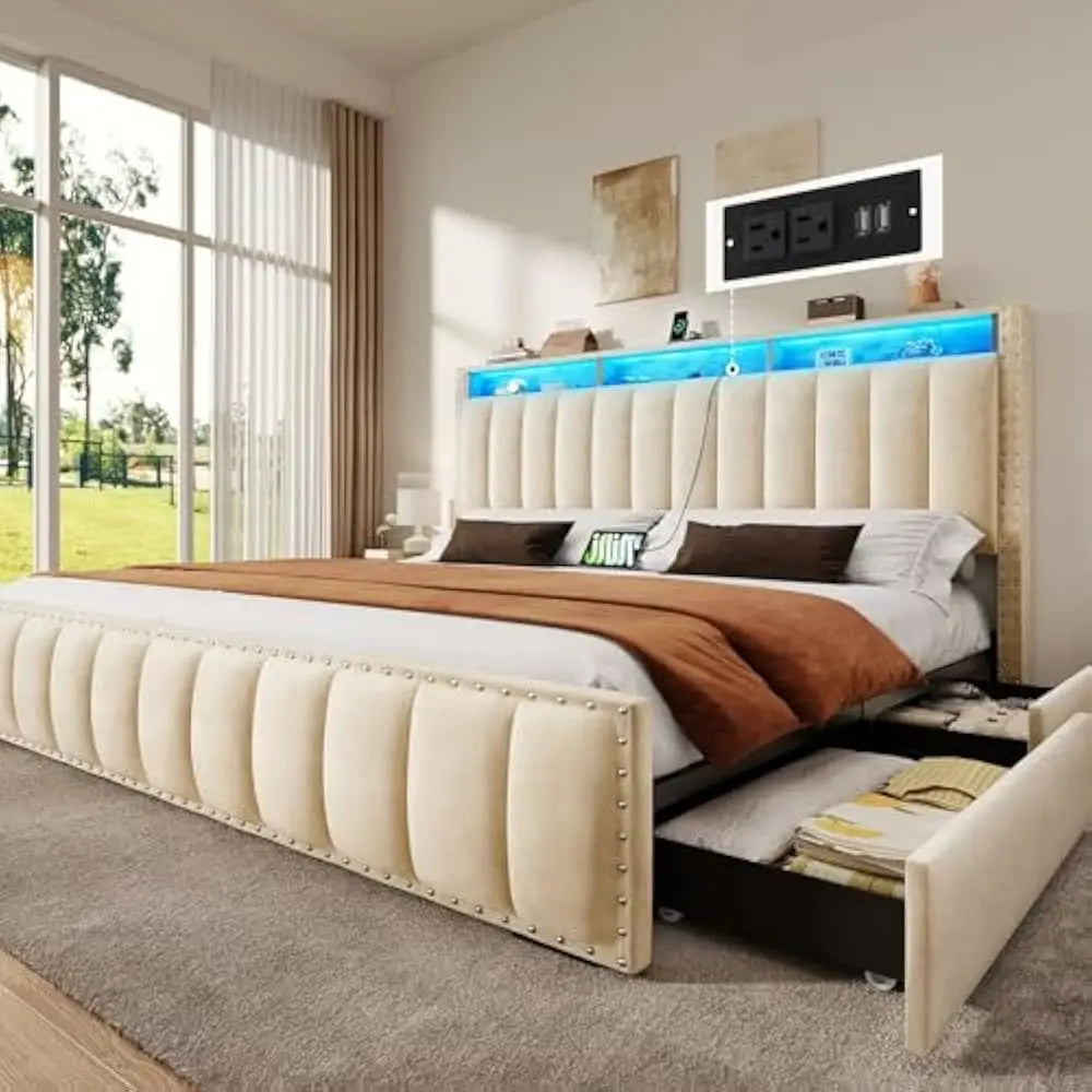 LED Full-KING Size Bed Frame with 4 Storage Drawers, Velvet Upholstered Platform Bed & Charging Station and Storage Headboard