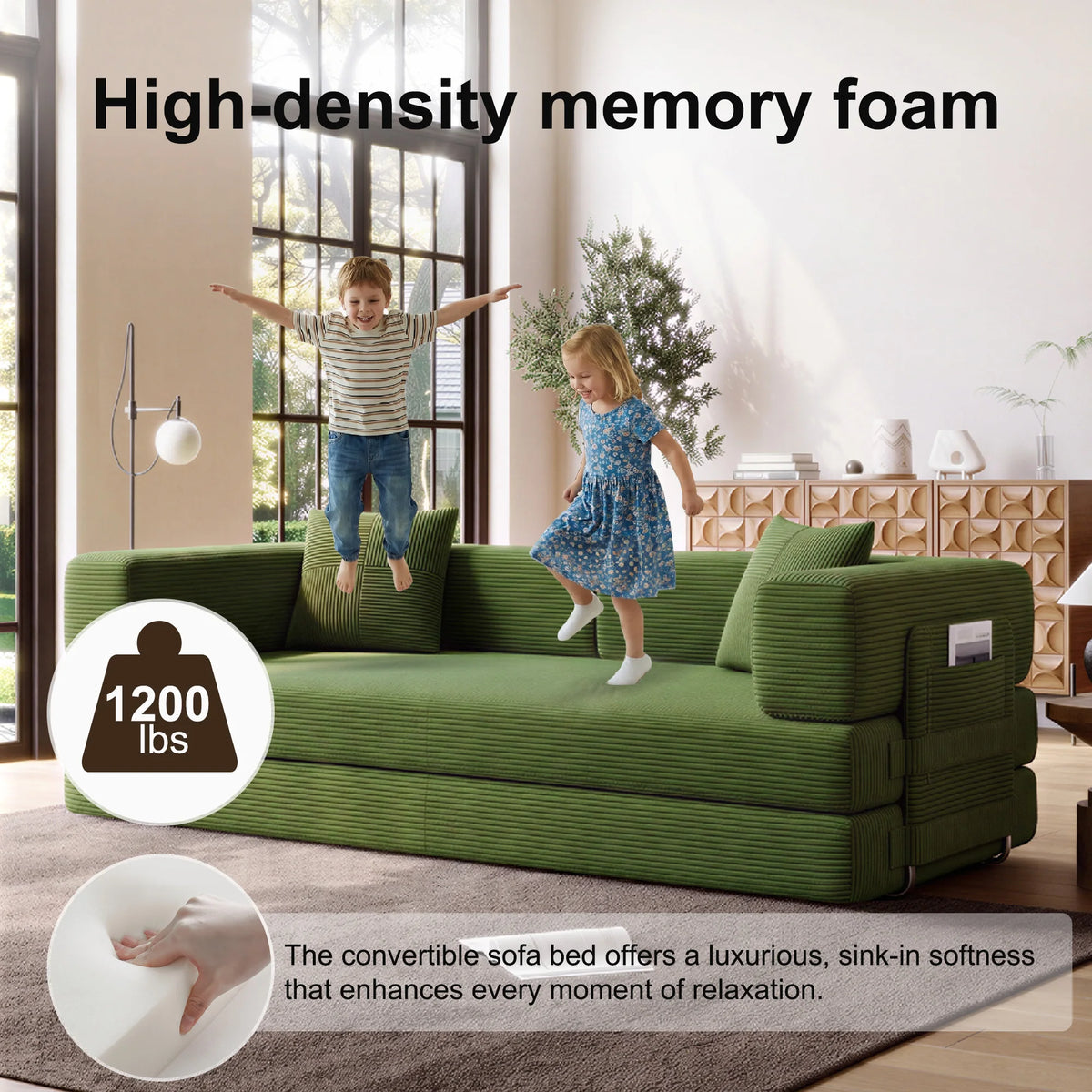 Modular Floor Sofa Frameless Compression Straight Couch 3 Seater Convertible Lazy Sofa High Density Foam Corduroy Upholstered Living Room Apartment Furniture