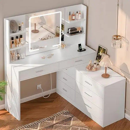 65.9" Vanity Desk with LED Lighted Mirror & Power Outlet, Modern Corner Makeup Vanity Table, Dressing Table for Bedroom