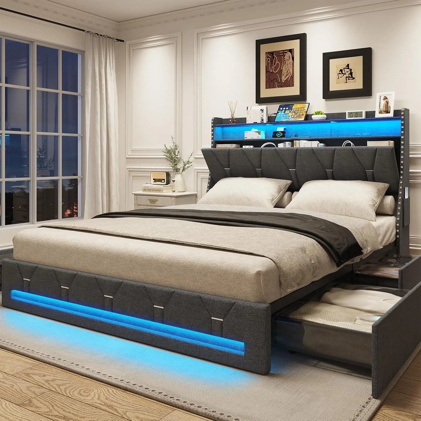Vabches Queen Size Bed Frame with Headboard&4 Dustproof Storage Drawer Upholstered Platform Bed Frame with Power Strip&LED Light