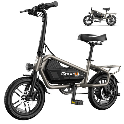 5TH WHEEL Foldable Electric Bike, 650W Peak Motor, 20MPH & 25Miles, 14" Pneumatic Tires for Commuting, Dual Disc Brakes