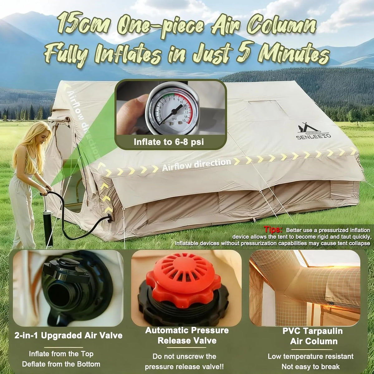 129 Square Feet Inflatable Tents 6-8 Person for Camping with Rainfly&Waterproof Mat,420D High-density Oxford Fabric Family Inflatable Tent House with Stove Jack,AC Vent,Easy Setup Blow up Tent with Mesh Windows