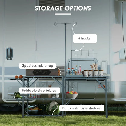 Folding Camp Kitchen Table Portable Camping Cooking Station with Adjustable Lantern Holder Hanging Hooks and Carrying Bag for