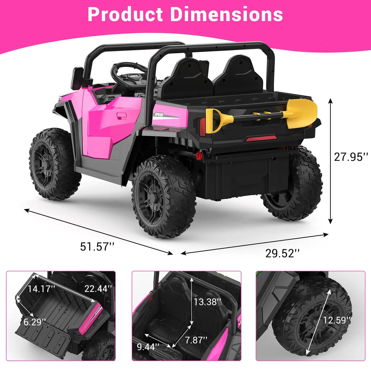 24V 4WD Kids Ride On Dump Truck 2 Seater With Remote, Electric Dump Bed, 800W Motors, Bluetooth Music, LED Lights Ages 3+