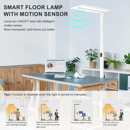 100W Modern LED Floor Lamp with Motion Sensor, 76-inch Full-Spectrum Light for Bright Office Illumination