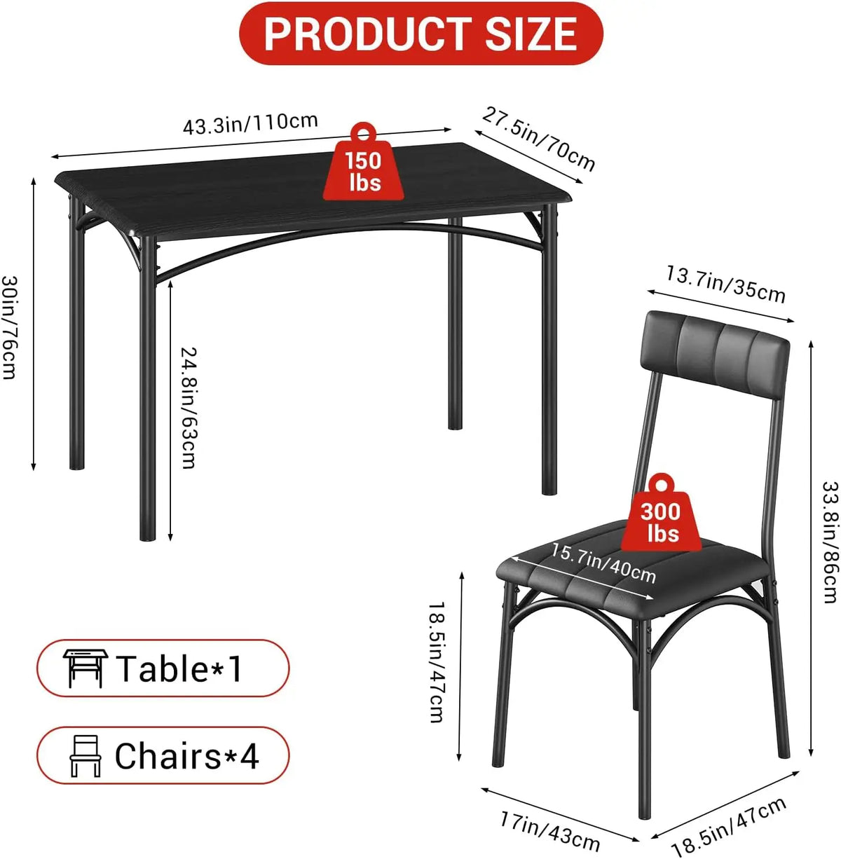 Space-Saving 5 Piece Dining Table Set for 4 – Rectangular Metal & Wood Table with 4 Upholstered Chairs – Compact Kitchen & Dining Room Solution