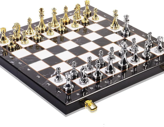 Large Metal Chess Set with Storage, 15' Marbled Board, 32 Zinc Alloy Pieces, 2 Extra Queens, Folding Portable Travel Game