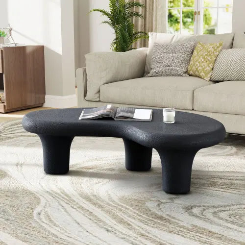 47.24 inch living room coffee table, retro table with 3 supporting legs, matte black table, irregular central table