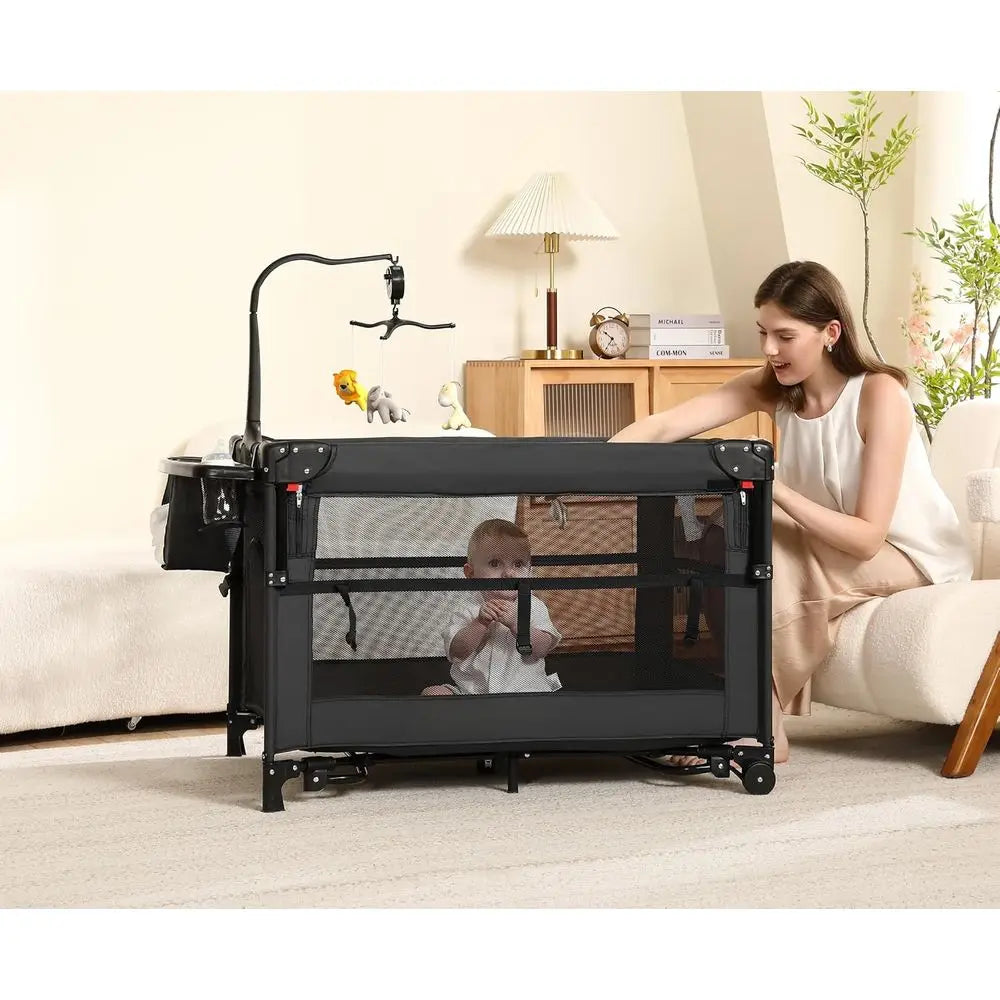 5-in-1 Portable Baby Playard: Crib, Bassinet, Bedside Sleeper, Changing Table & Playpen with Breathable Mesh for Newborns to Tod