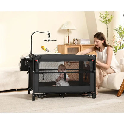 5-in-1 Portable Baby Playard: Crib, Bassinet, Bedside Sleeper, Changing Table & Playpen with Breathable Mesh for Newborns to Tod