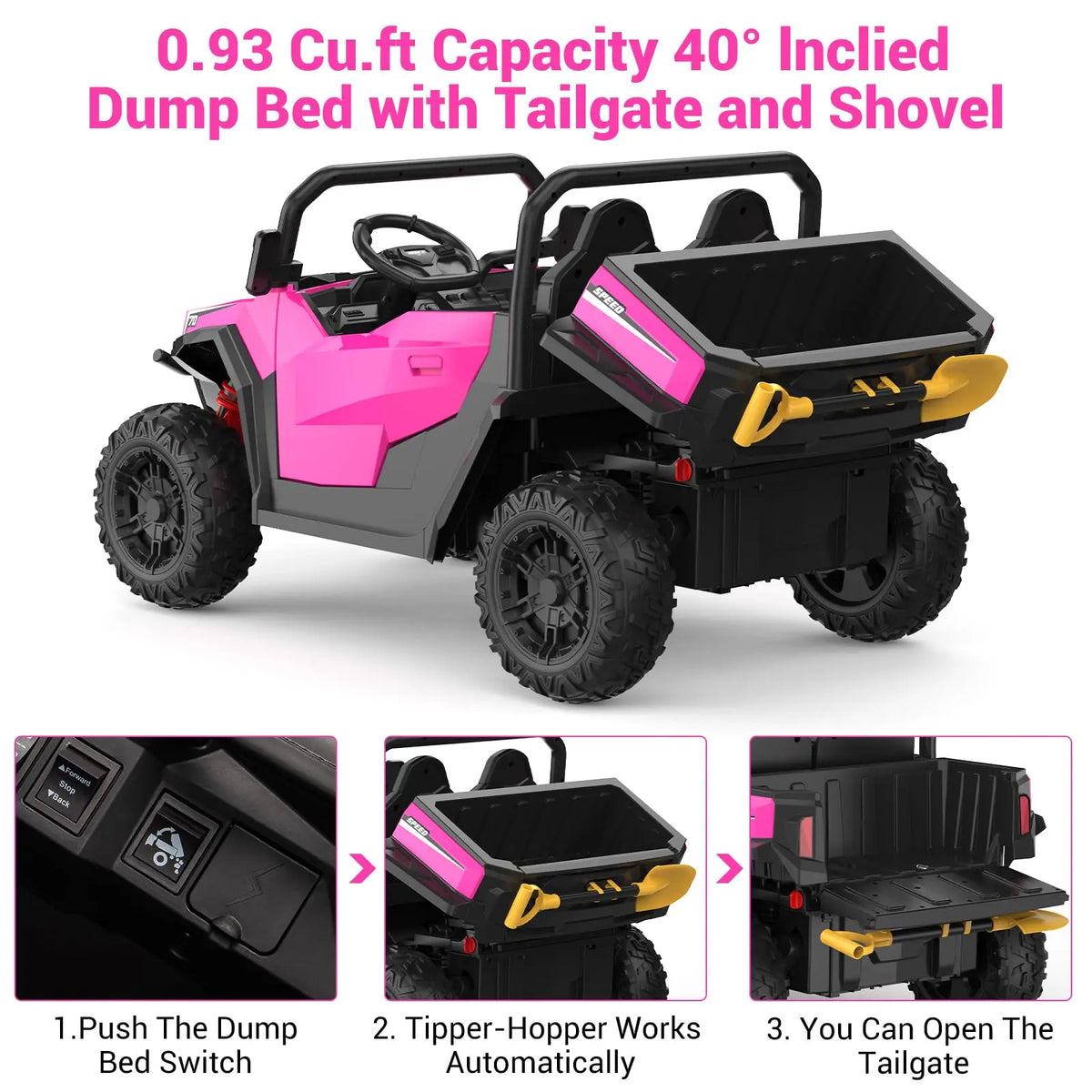 24V 4WD Kids Ride On Dump Truck 2 Seater With Remote, Electric Dump Bed, 800W Motors, Bluetooth Music, LED Lights Ages 3+